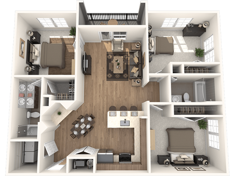 Floor plan for 3 beds, 2 baths, 1257 sqft